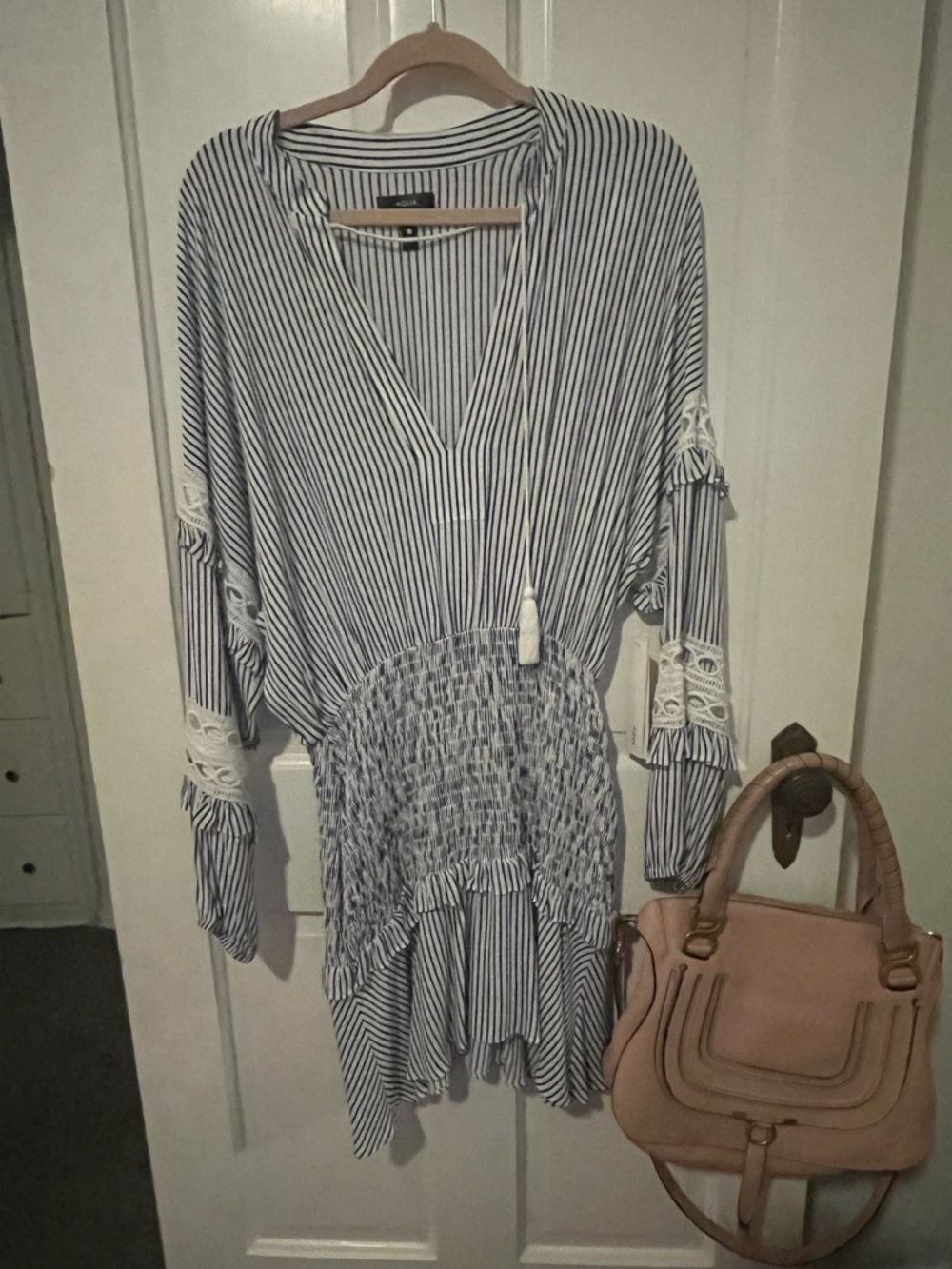Aqua Navy and White Striped Smocked Waist Dress